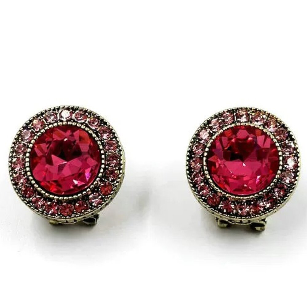 Heidi Daus Bright Fuchsia Crystal Round Earrings Gold Frame Classic Retro